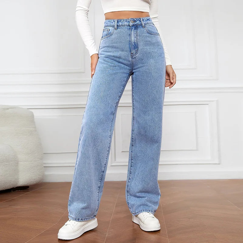 Washed High-waisted Casual Wide-leg Pants Denim