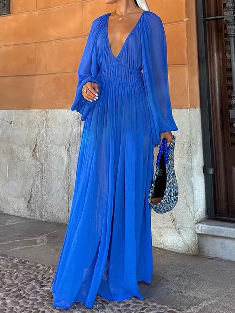 Summer Long Sleeve Deep V-Neck Elegant Dress