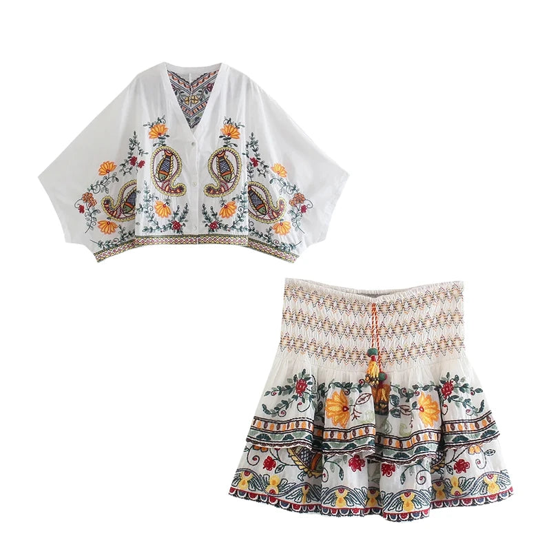 Batwing Sleeve Embriodery Paisley Print Skirt V Neck Vintage Set