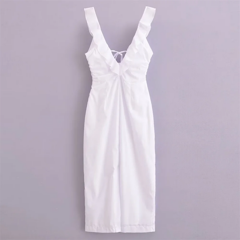 Elegance Slim Fit V-neck Open Back Ruffle Edge Dress