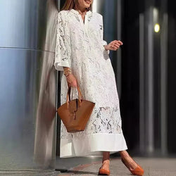 White Lace Hollow Elegant V Neck Dress