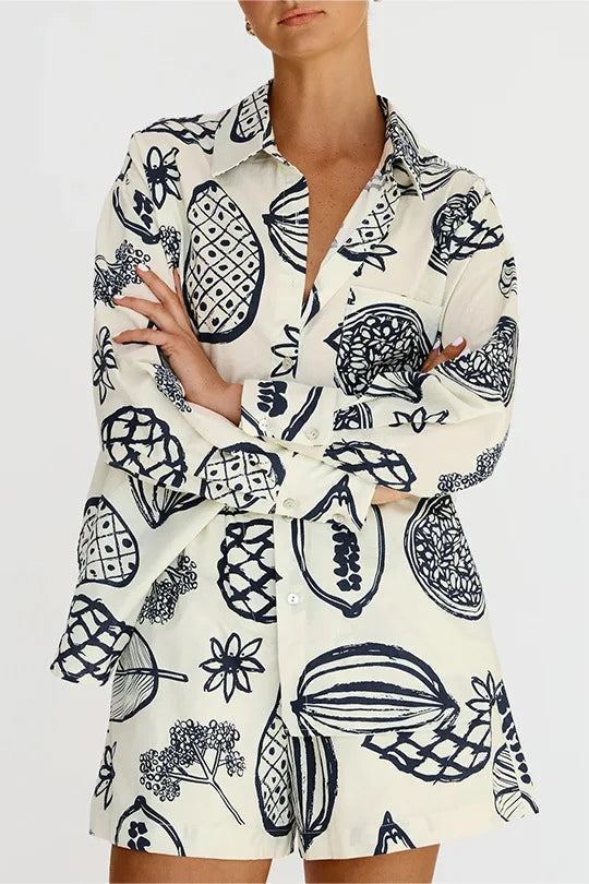 Summer Flip Collar Printed Single Breasted Shirt Shorts Two Piece