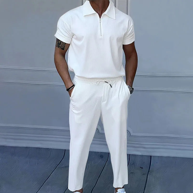 Summer Men's solid color suit lapel short sleeve zipper trouser suit