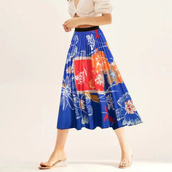 Printed elastic mid length A-line pressed pleated skirt