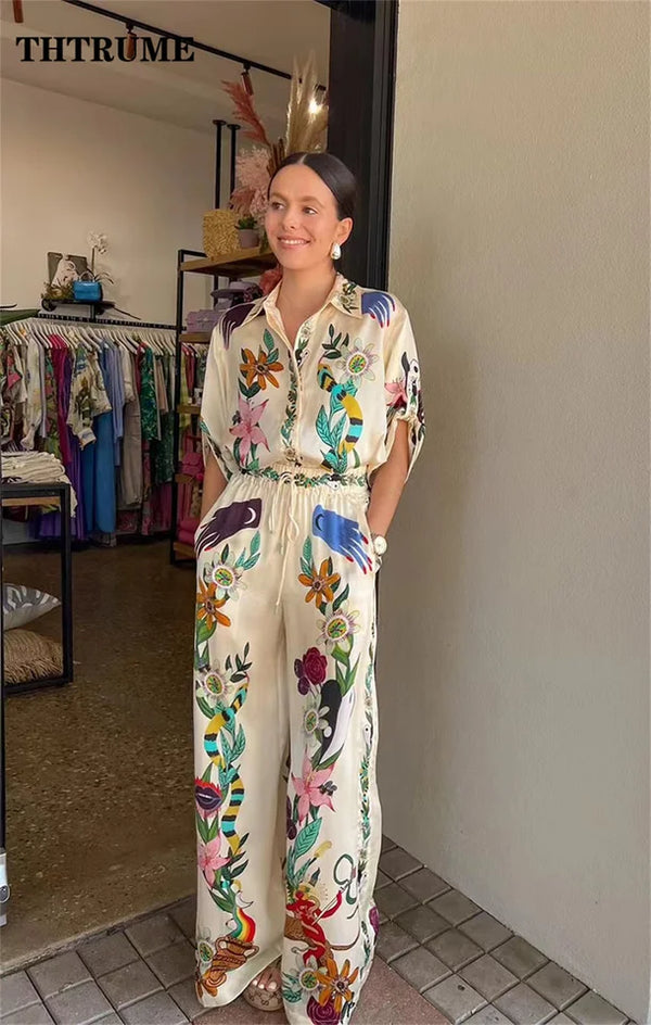 Two Piece Sets Elegant Summer Floral Print Lapel