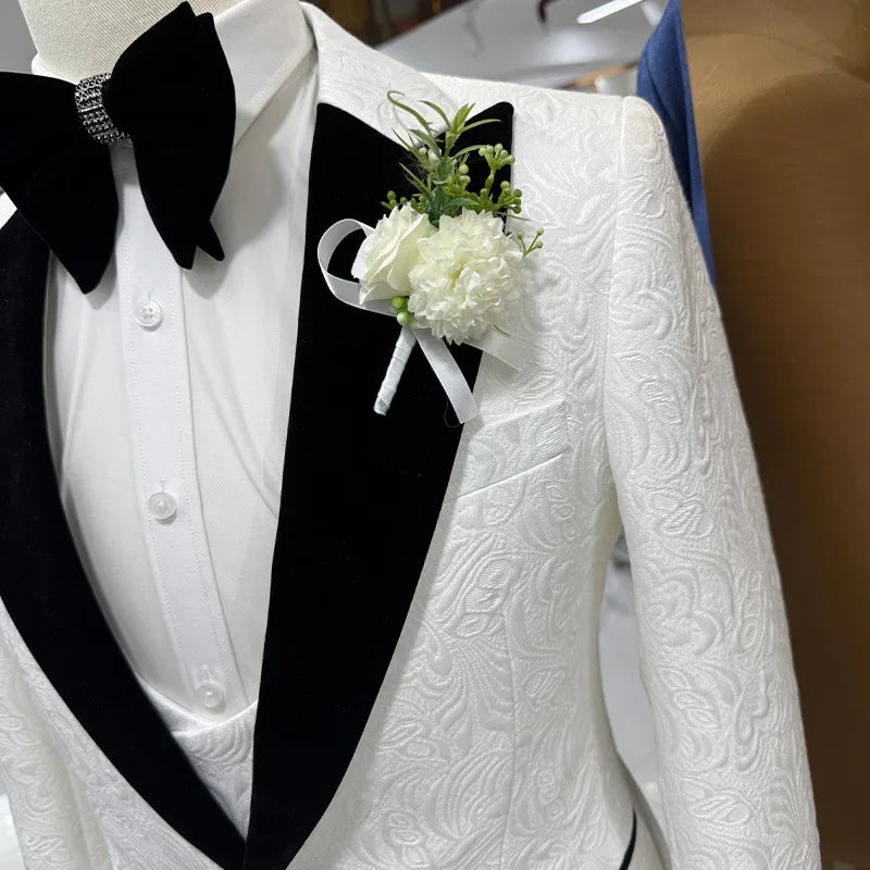Wedding Suits White Jacquard with Black Satin
