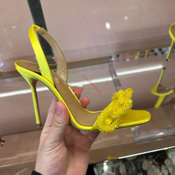 Yellow Satin High Heel Sandals