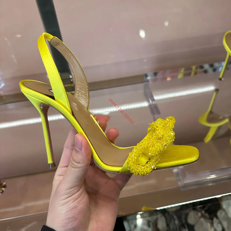 Yellow Satin High Heel Sandals