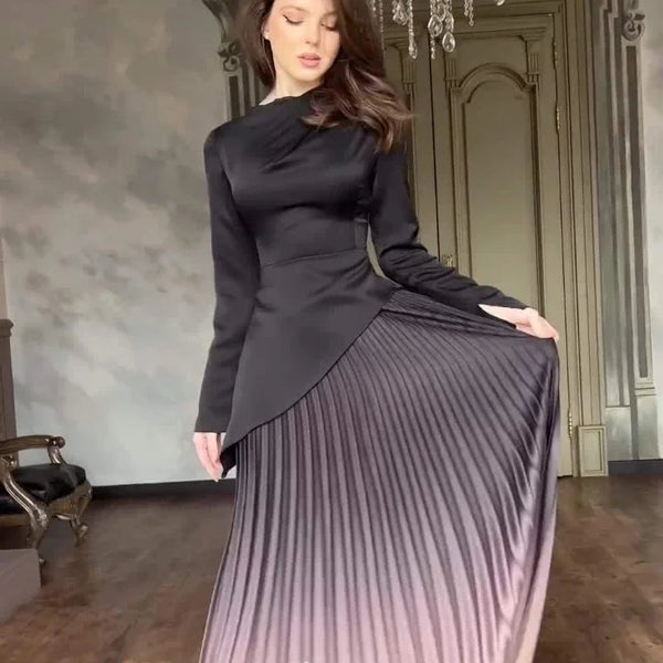 Pleated Long Sleeve High Waist Dress