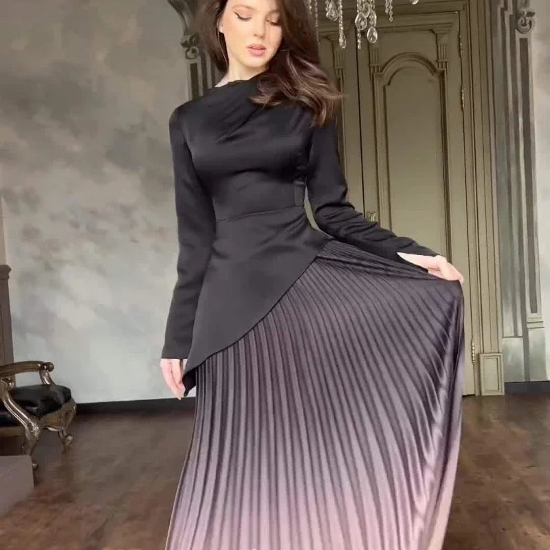 Pleated Long Sleeve High Waist Dress