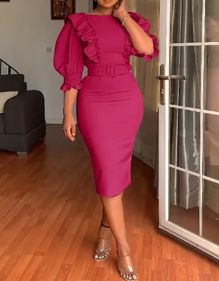 Spliced Long Sleeve Slim Fit Wrap Hip Split Elegant Dress