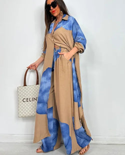Elegant Printed Long Shirt Top + Wide Leg Pants 2-pieces