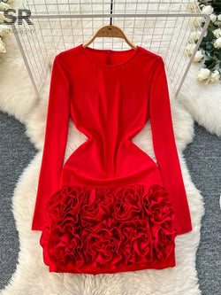 3D Flower Long Sleeve O Neck Solid Slim Dress