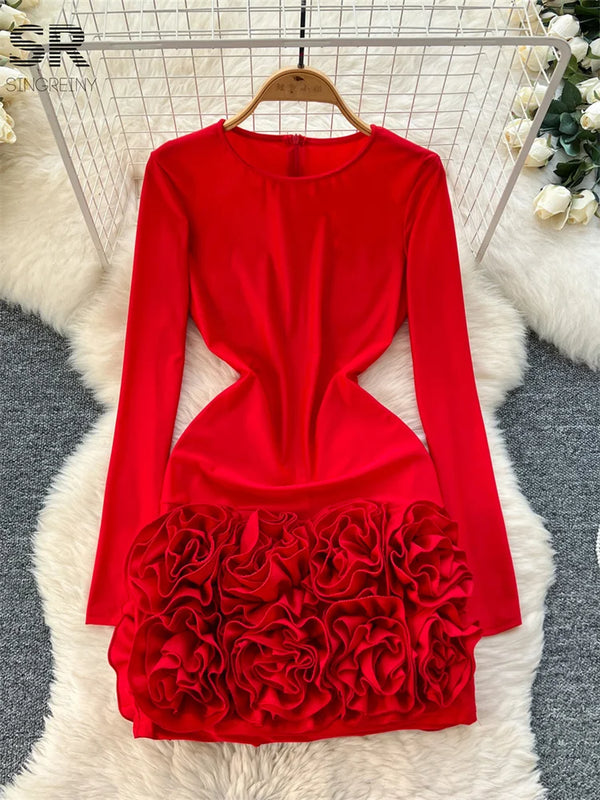 3D Flower Long Sleeve O Neck Solid Slim Dress