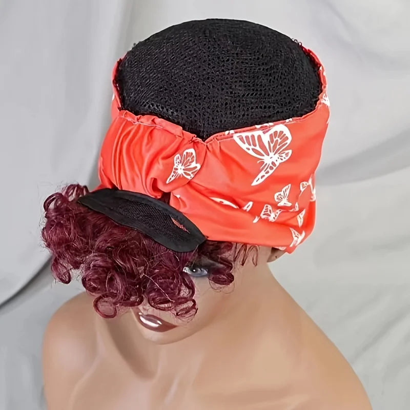 Burgundy Short Curly Headband Wig 100% Human Hair Pixie Cut Wig