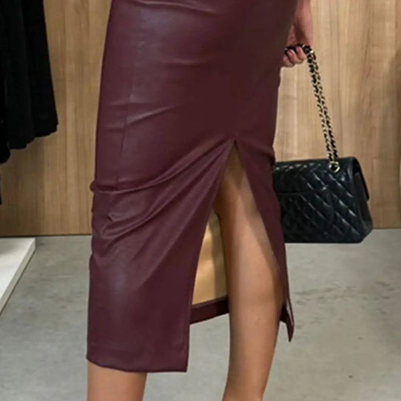 Elegant High-waist Midi Skirt Imitation Leather