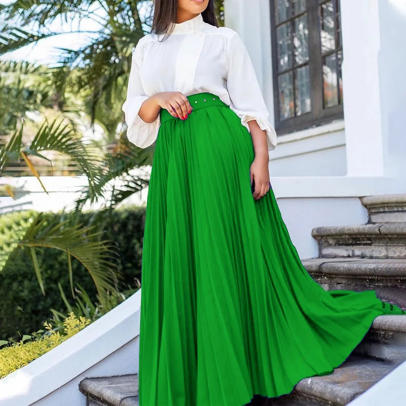 Elegant Pleated Skirts High Waisted Belt