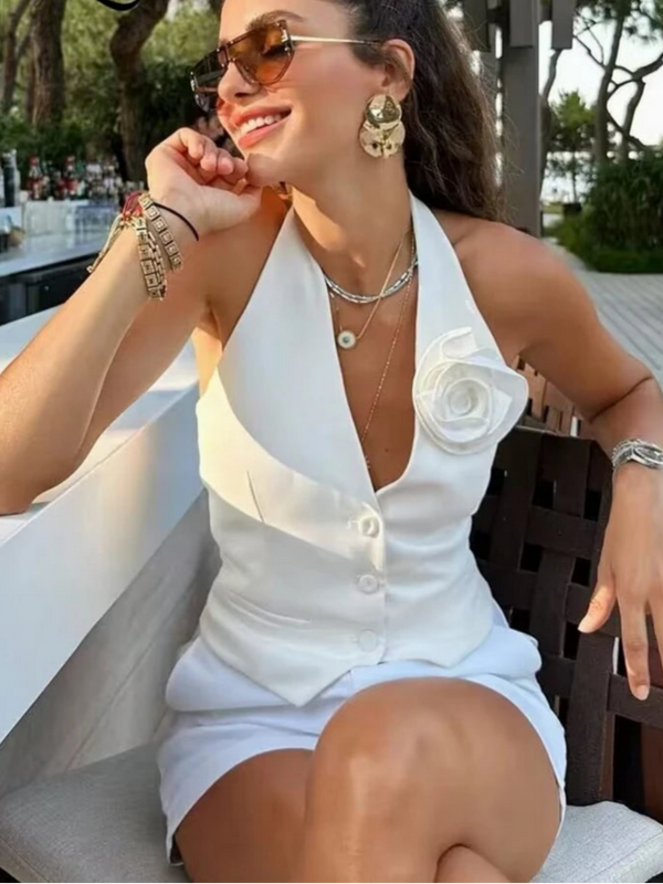 Halter Crop V-neck Single Breasted Backless Tank Top