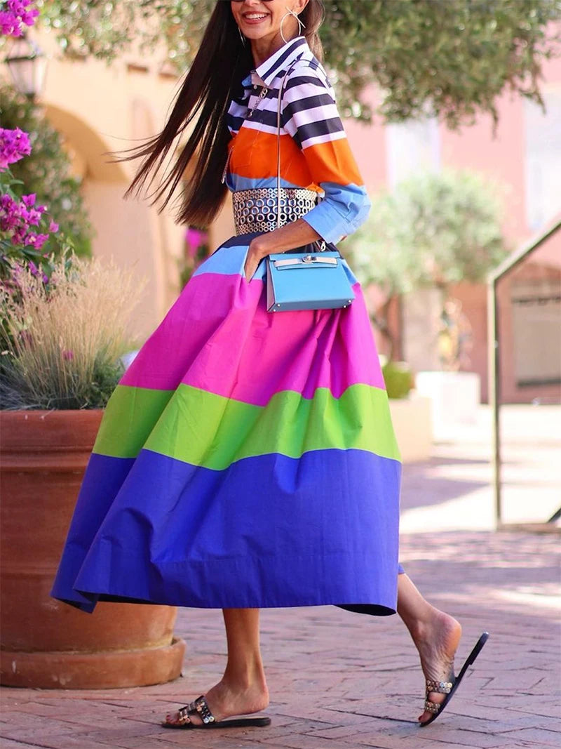 Contrast Color Striped Shirt Dress