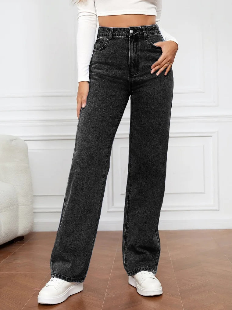 Washed High-waisted Casual Wide-leg Pants Denim