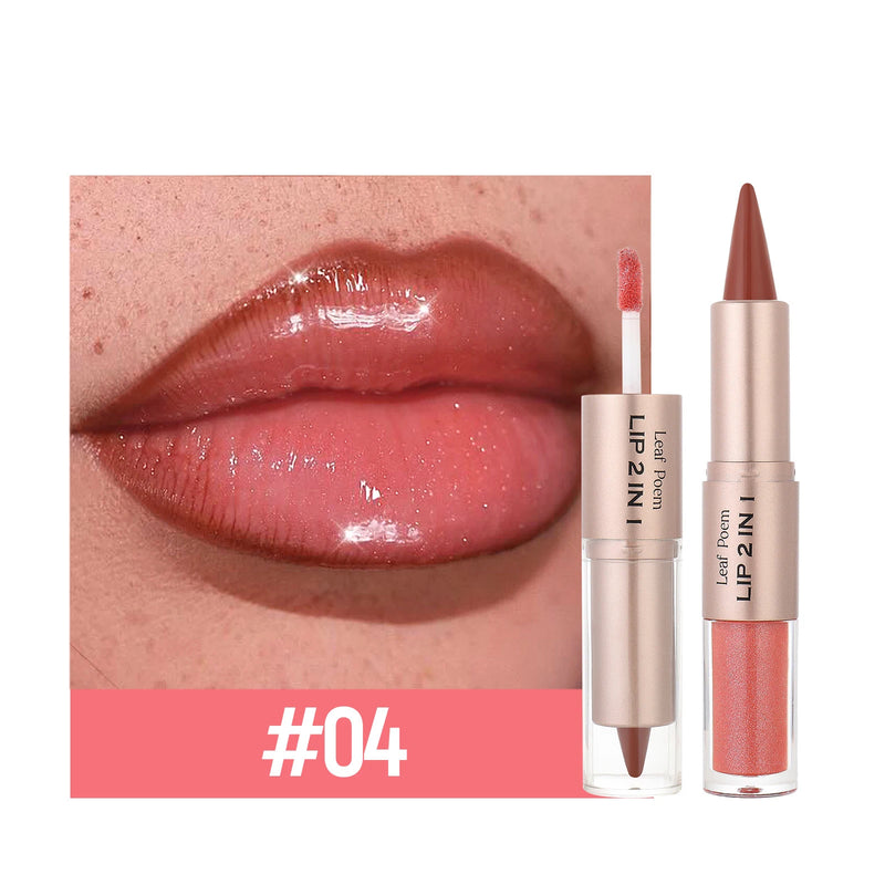 2 IN 1 Nude Brown Pink Mirror Lip Gloss Contour Pencil Matte Lipliner