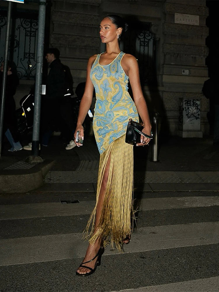 Tassels Print Long O-neck Sleeveless Dress