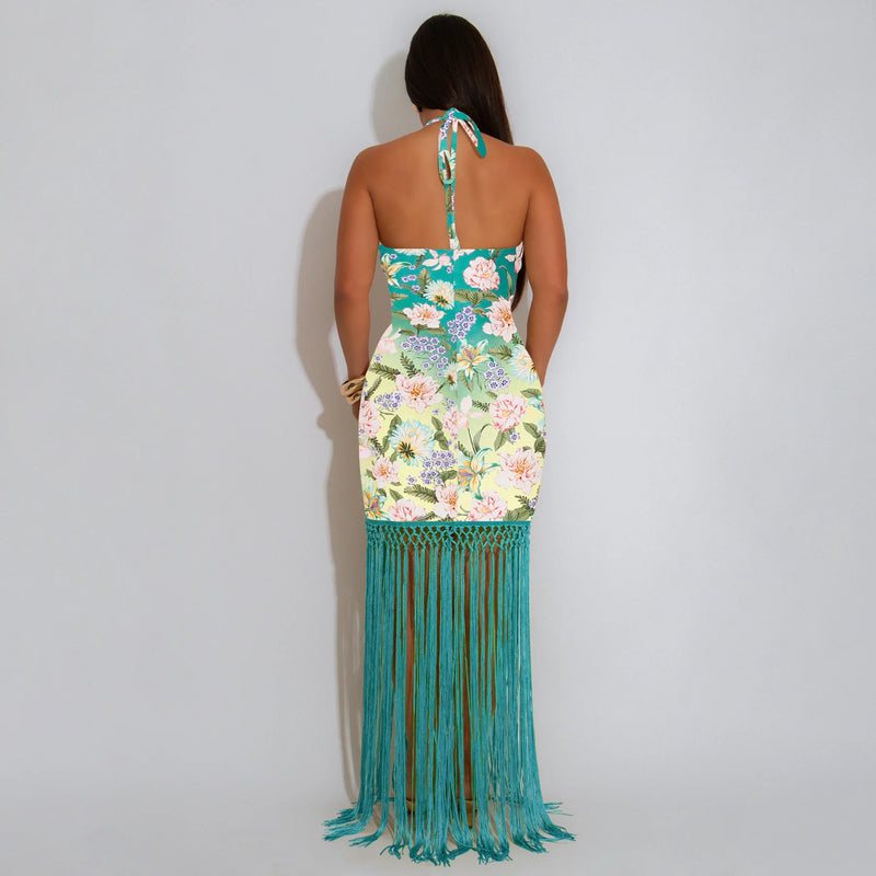 Tassel Tierred Strap Print Backless Maxi Long Dress