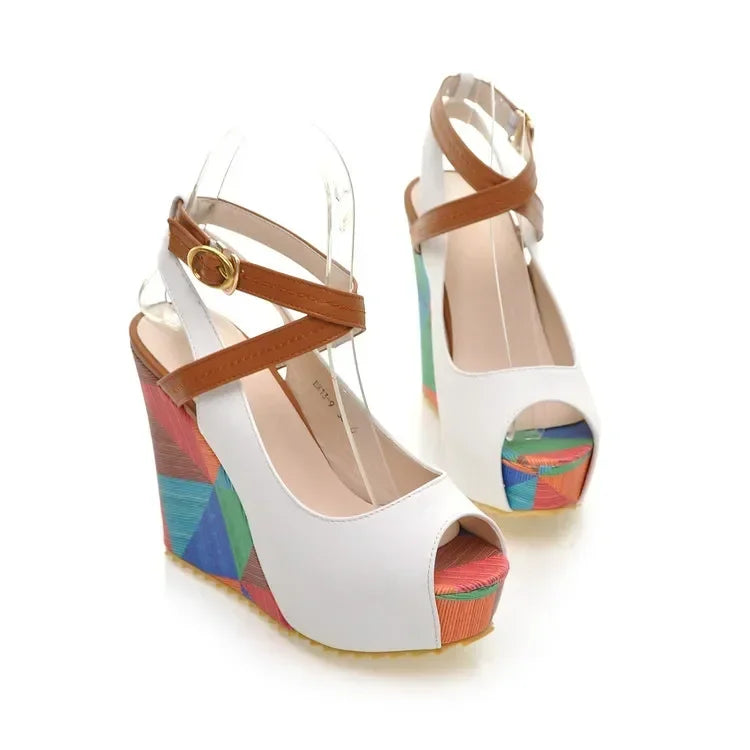 Ladies Wedges Heels Sandals Buckle Strap Peep-toe Shoes