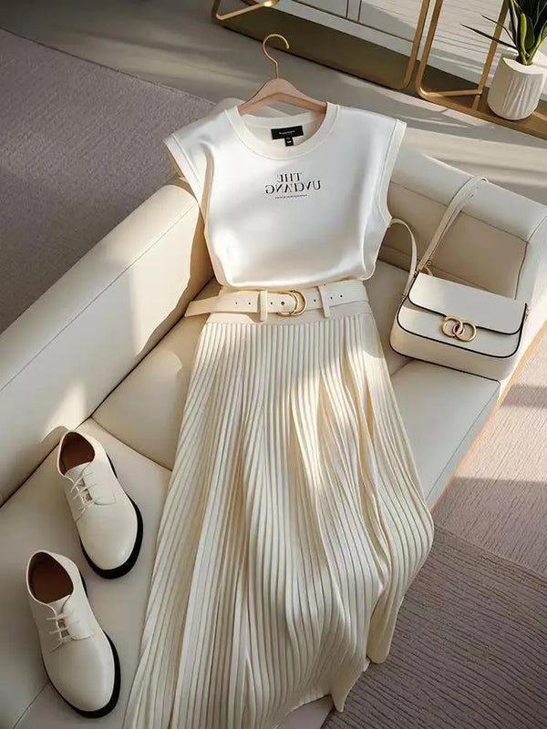 O-neck Sleeveless Letter Camisole T-shirt + A-line Pleated Skirt