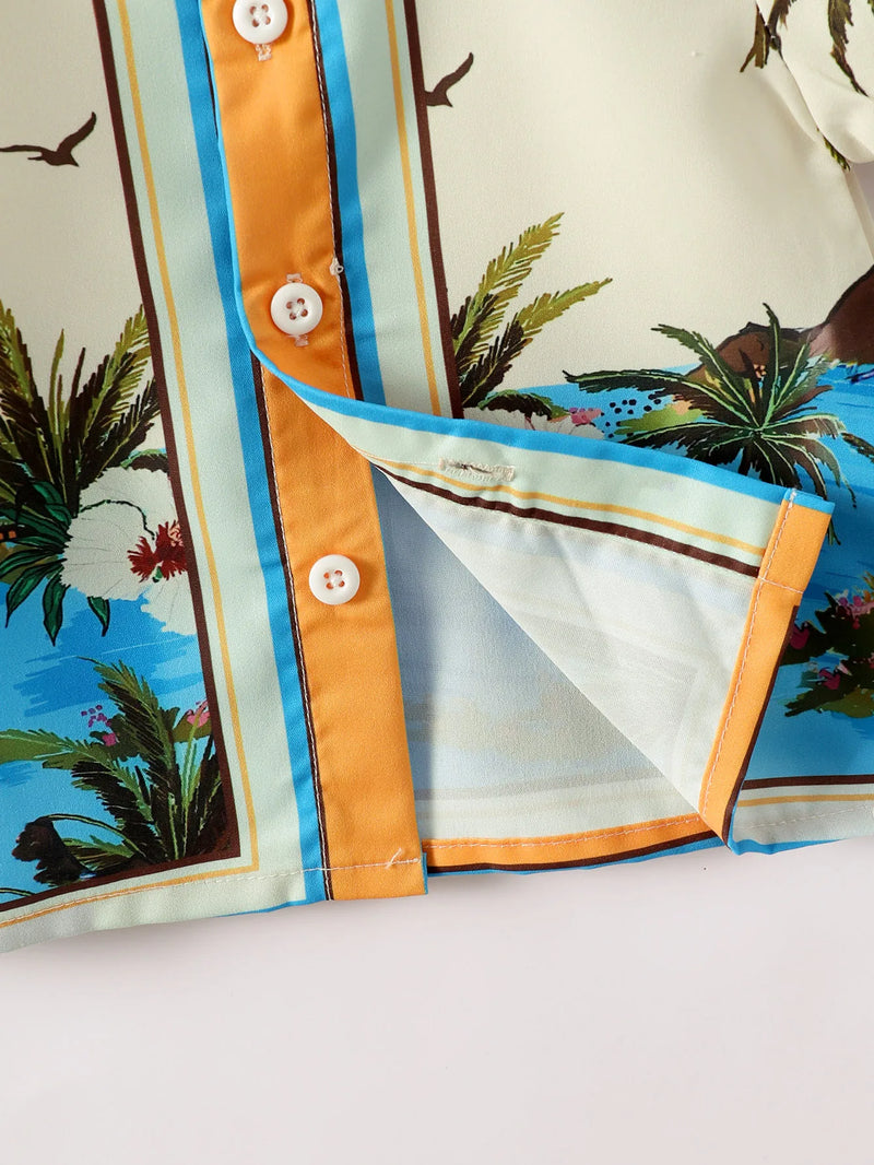 Polo Collar Color Contrast Plant Leaf Print Short Sleeve Loose Pants