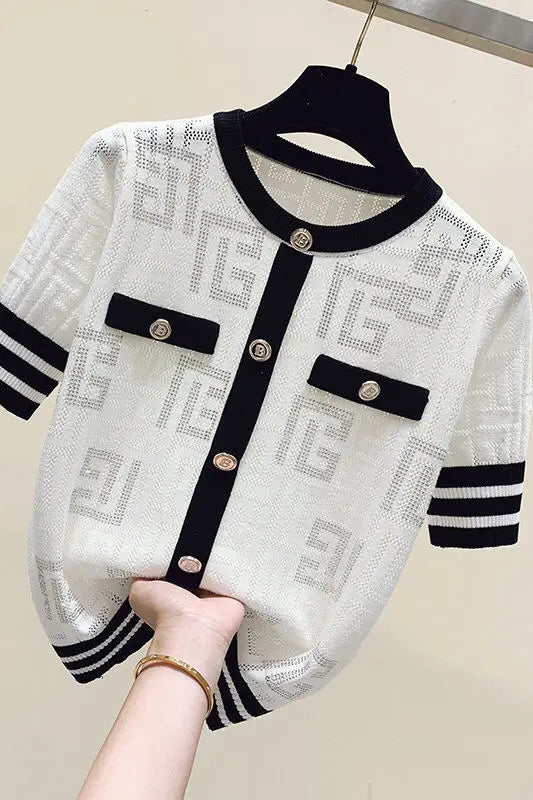 Short Sleeve Knitting Geometric Thin O-neck Pullover Top Tee