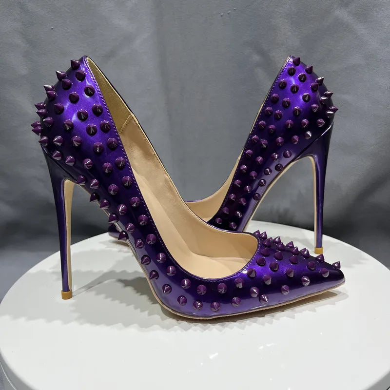 Purple Spikes Rivets Pointed Toe High Heels