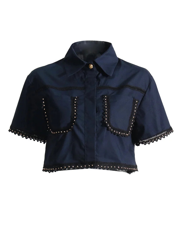 Elegant Lapel Short Sleeve Top High Waist A Line Pleated Skirt