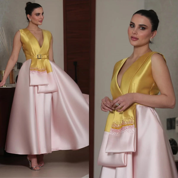 V-neck Sequin Satin Anke Length Dress
