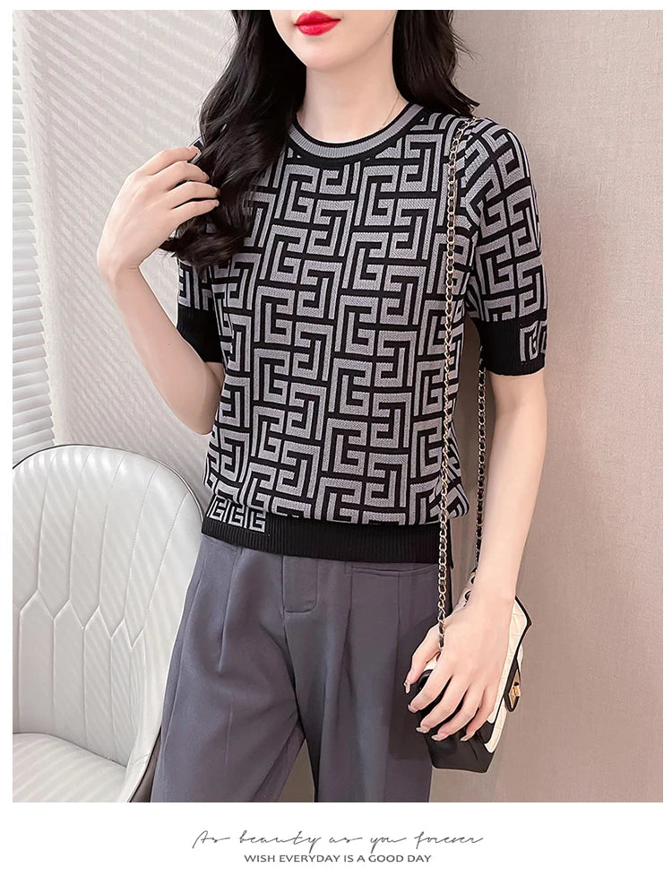 Contrast Jacquard Plaid Tops Short Sleeve Knitted TShirts