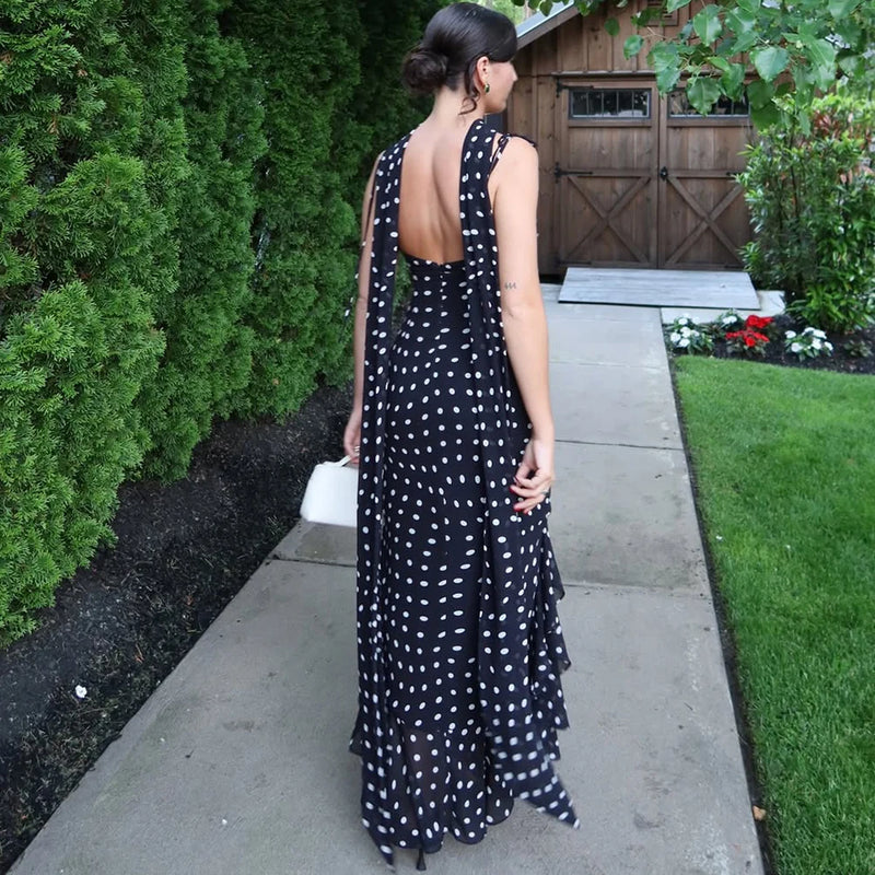 Polka Dot Long Scarf Ribbon Ruffle Halter Pleated Dress