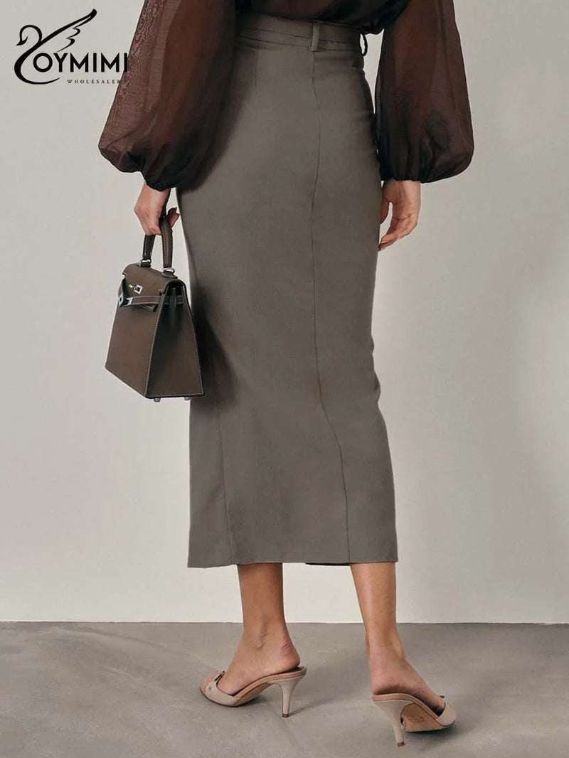 Elegant High Waisted Zipper Casual Pocket Straight Mid-Calf Skirt