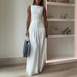 Summer Breasted Sleeveless Boat Neck Maxi Bodycon Casual Dress