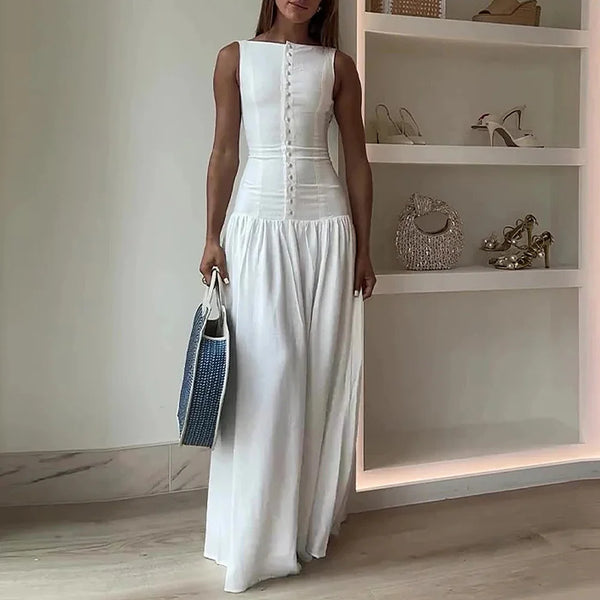 Summer Breasted Sleeveless Boat Neck Maxi Bodycon Casual Dress