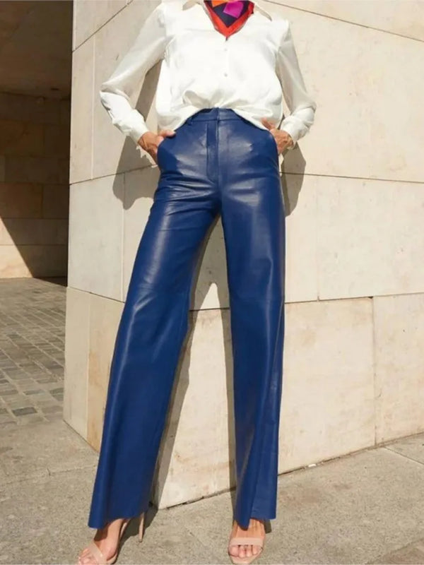 Solid Color PU Leather High Waist Straight Trousers