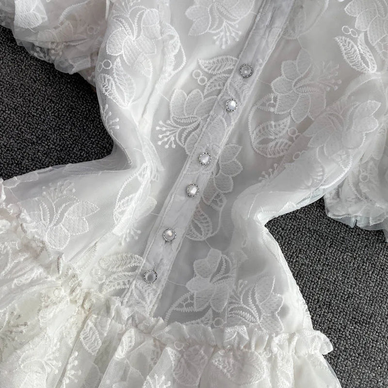 Elegant Vintage Lace Turn Down Collar Puff Sleeve Mini Dress