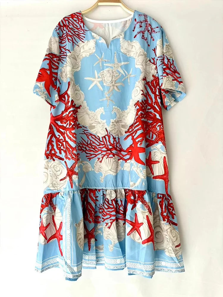Elegant geometric printing short sleeve loose dress