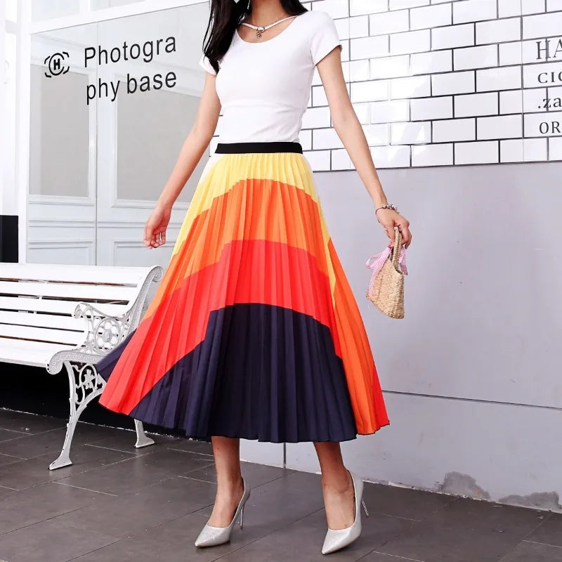 Cartoon Print Pleated Long High Waist A-Line Elastic Blue Pink Skirt
