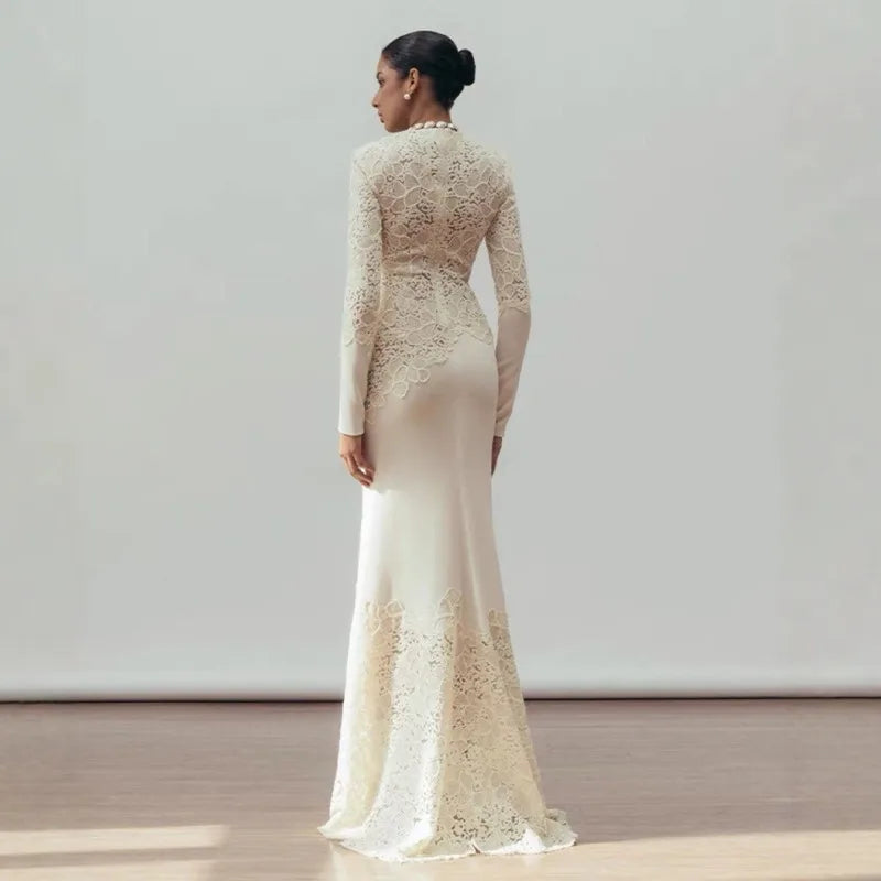 O-neck Long Sleeve Lace Hollow Out Slim Elegant Dress
