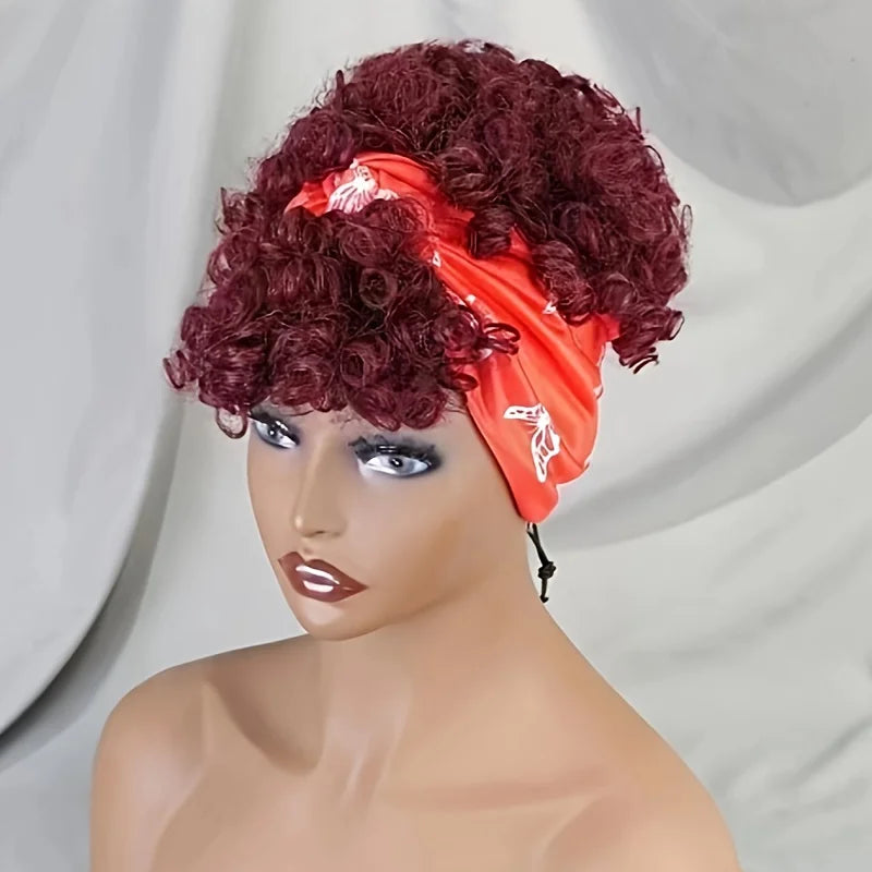 Burgundy Short Curly Headband Wig 100% Human Hair Pixie Cut Wig