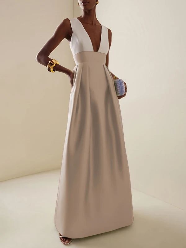 Elegant Cocktail High Waisted Deep V-Neck Dress