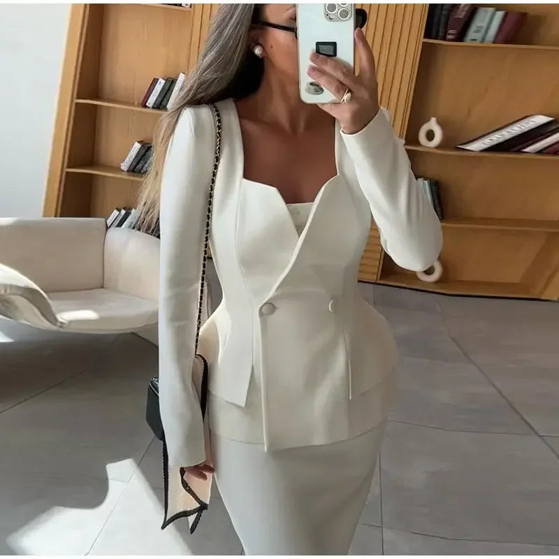 Elegant Blazer Breasted Square Collar Jacket And Midi Skirt