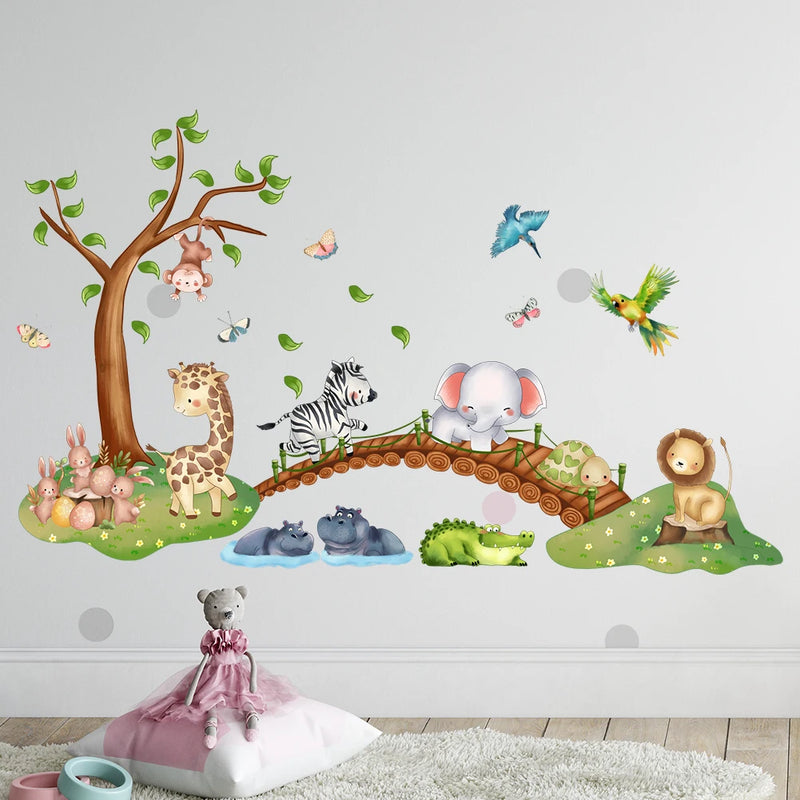 Cartoon Animal Elephant Zebra Giraffe Bridge Wall Sticker