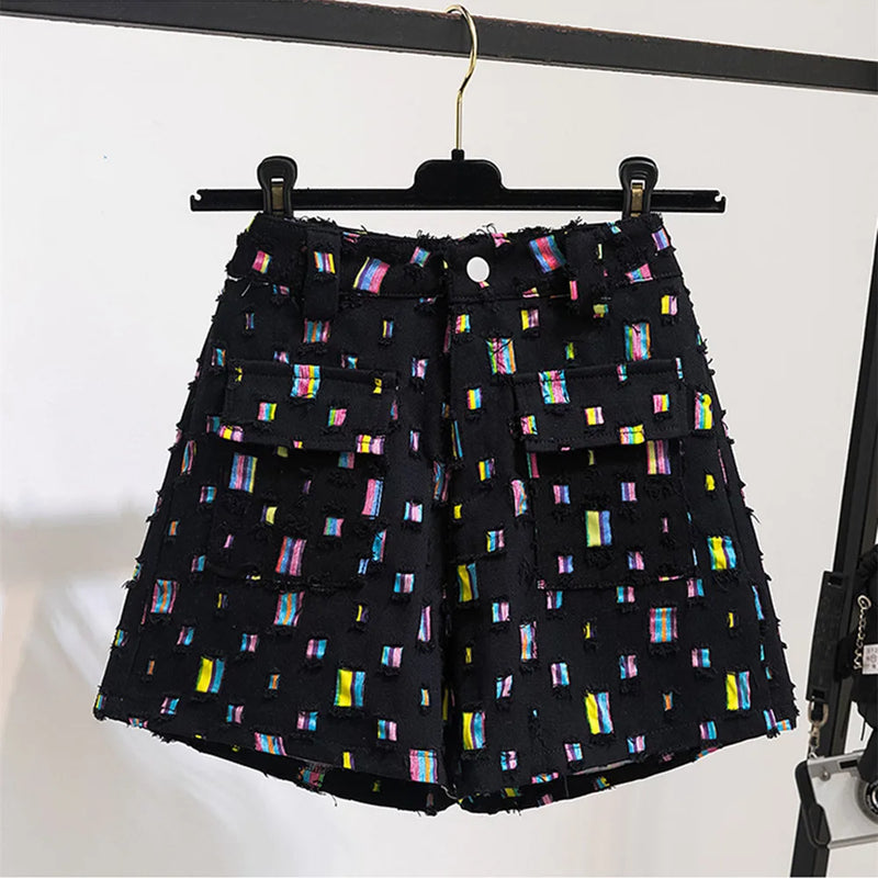 Denim High Waist Worn Loose Burr Hole Shorts