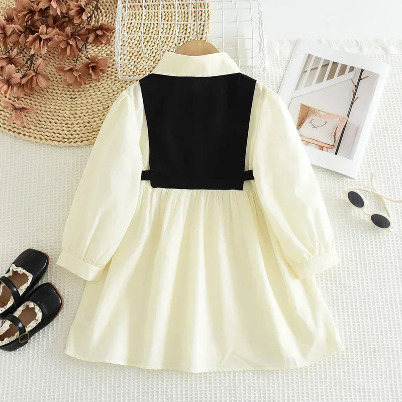 3 To 7 Years Old Long Sleeved Blocked Lapel Button Dress